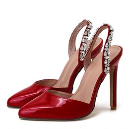 Liyke Spring Autumn Red Thin High Heels Party Prom Shoes Ladies Slingback Sandals Fashion Rhinestone Ankle Strap Women Pumps