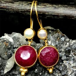 Dangle Earrings Classic Round Imitation Pearl Women Trendy Gold Colour Metal Inlaid With Red Stones Hook Jewellery