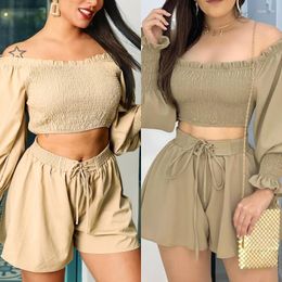 Women's Tracksuits Summer Female Outfits Off-Shoulder Solid Crop Top And Short Pant Two Piece Suit Ladies Slim Sexy Folds Design Office Lady