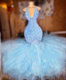 Sky Blue Halter Long Prom Formal Dress For Black Girls 2023 Sparkly Sequined Birthday Party Ruffles Evening Gowns Robe De Soiree