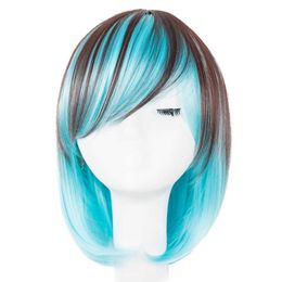 Lace Wigs Short Wig Fei-Show Synthetic Heat Resistant Fibre Wavy Inclined Bangs Hair Brown and Blue Costume Cos-play Salon Party Hairpiece Z0613