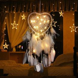 Garden Decorations With LED String Hollow Hoop Heart Shape Feathers Handmade Night Light Wall Hanging Home Decor Gift R230613