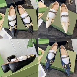 Dress Shoes Designer Pointed Toe Women Flats Women Work Shoes Chain Metal Buckle Single Shoes Denim Printed loafers shoes with box