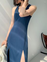 Casual Dresses Bodycon Sexy Dress Elegant 2023 Summer Solid Blue Slit Office Lady Sleeveless Celebrity Party Club Vestido