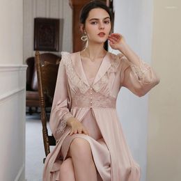 Women's Sleepwear Sexy Women Satin Night Dress Ice Silk Two Pieces Spring Autumn Robe Sets Lace V Neck Nightgown Fairy Sweet Nightwear