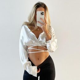 Women's Blouses White Super Short Tops Sexy Criss Cross Lace Up V-Neck Sloping Shoulders Long Sleeve Blouse Solid Soft Shirt Summer