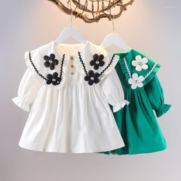 Girl Dresses Spring Summer Born Baby Dress Clothes For Kids Green White Flare Sleeve 6M-4T Infant Toddler Princess Flower