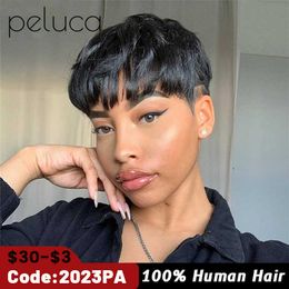 Lace Wigs peluca Short Straight Human Hair Wigs Pixie Cut Brazilian Hair for Black Women Machine Made Cheap Peruvian Wig Withbang perruque Z0613