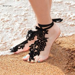 Anklets B36D Hollow Flower Embroidery Anklet With Toe Ring Sexy Lace Barefoot Sandals