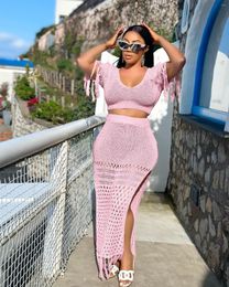 Work Dresses Summer 2023 Sexy Tassel Crop Top High Slit Skirts Club Outfits Suits Elegant Streetwear Hollow Out Knitted Two Piece Set Women