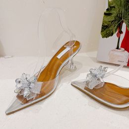 Liyke 2023 New PVC Transparent Women Pumps Slingback Sandals Elegant Pointed Toe Crystal Clear Heels Wedding Prom Shoes Silver