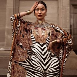 Ethnic Clothing African Dresses for Women Plus Size Zebra Printed Dashiki Elegant Ladies Gown Muslim Abaya Kaftan Bat Sleeve V-neck Robes 230613