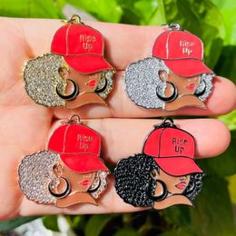 Lockets 5pcs Enamel Micro Pave Rise Up Black Girl Charms for Women Bracelet Necklace Making Afro Sports Pendant Jewellery Supply 230612