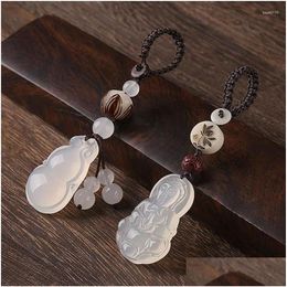 Keychains Lanyards Ethnic Carved Gourd Guan Yin Buddha Round Pendant Keychain Women Pixiu Bodhi Lotus Key Ring Holder Spiritual Me210G