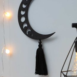 Garden Decorations Black Moon Wall Hanging Room Decor Wood Hollow Moon with Tassel Wall Art Ornaments Living Room Bedroom Home Decoration