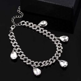 Anklets Silver Colour Transparent Crystal Stone Chunky Metal Chain Anklets Jewellery Wholesale Rhinestone Miami Cuban Anklet Bracelet Women 230608