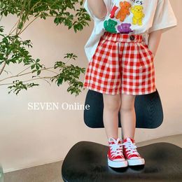 Shorts Summer Baby Clothes Girls Straight Lattice Red Loose Fashion Sports Cotton Pretty Casual 230614