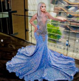 Sky Blue Mermaid Aso Ebi Prom Dresses Sheer Neck Gillter Beaded Sequins Black Girl Couple Ootd Ruffles Train Evening gown
