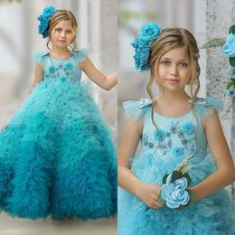 Ombre Blue Ruffle Flower Girls Dresses Appliques Sleeveless Floral A Line Flower Girl Host Birthday Dress