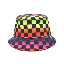 Unisex Punk Harajuku Hip Hop Bucket Hat TieDye Rainbow Checkered Plaid Print Wide Brim Sunscreen Panama Fisherman Cap Hats67290762814