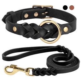 Dog Collars Leashes Soft Real Leather Dog Collar and Leash Set Adjustable Braided Dogs Collars 150cm Lead Rope for Medium Large Dogs German Shepherd 230613