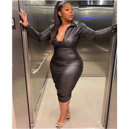 Plus size Dresses Size Women Clothing Women's Dress Sexy Turndown Collar Zip Long Sleeve Stretch Black PU Faux Leather Bodycon Party 230613