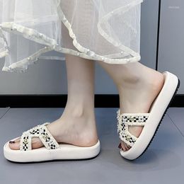 Slippers Shoes For Women 2023 High Quality Summer Women's Mid Heel Water Proof Metal Decoration Beaded Beach