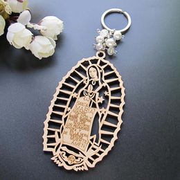 Key Rings 12Pcs Baptism Our Lady of Guadalupe Wood Design Keychain baptism Favors for Boy or Girl Recuerdos para Bautizo Christening Llave 230613