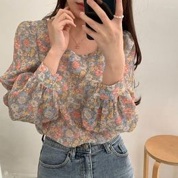 Women's Blouses Korean Chic Blouse Female Autumn Sweet Age Reducing Flower Retro Square Neck Long Sleeve Shirt Loose Chiffon Top