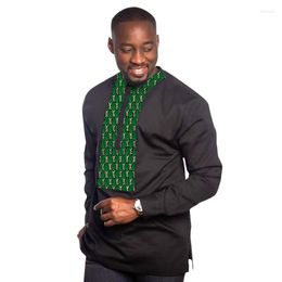 Ethnic Clothing Silk Cotton Men's African Tops Black Long Sleeve Patchwork Tee Shirt Tailored Nigerian Fashion Outfits