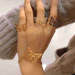 Bracelets Gold Colour Hollowed Out Butterfly Chain Bracelet Finger Rings For Women Luxury Leaf Personalised Jewellery R230614