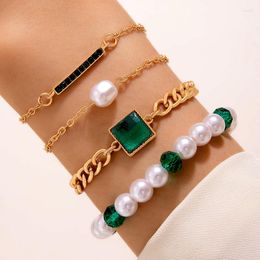 Bangle HuaTang Korean Pearl Series Jewelry Emerald Beaded Bracelet Set With Four Pieces Multi Layered Chain