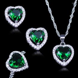 Necklace Earrings Set Russian Heart Green Created Emerald White Zircon Silver Colour Pendant Rings