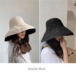 Wide Brim Hats Summer Women Doublesided Cotton Linen Sun Hat Elegant Big Foldable AntiUV Beach Floppy Flat Caps Bob ZZ4898059356265B