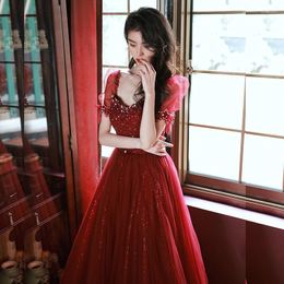 Ethnic Clothing French Burgundy Sexy Sequins Beaded Back Bandage Chiffon Evening Dresses Women Formal Bride Party Gown Vestidos