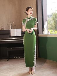 Ethnic Clothing Vintage Old Shanghai Lace Trim Qipao Elegant Women Cheongsam Oversize 4XL Mandarin Collar Sexy Long Chinese Dress Vestidos