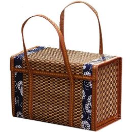 Storage Baskets Picnic Woven Basket Wicker Bag Handle Folded Fruit Shopping Food Rattan Grass Foldable Bamboo 230613