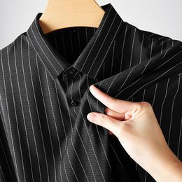 Men's Casual Shirts High Elasticity Seamless Men's Quality Summer Short Sleeve Vertical Striped Business Party Man Dress 7XL