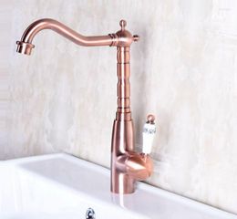 Kitchen Faucets Antique Red Copper 360 Swivel Spout Single Hole Deck Mount & Cold Tap Sink Faucet Mixer Lnf132
