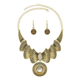 Necklace Earrings Set Vintage Coin For Women Round Hollow Crystal Rhinestone Flower Bow Necklaces Retro Gypsy Tribal Jewelry