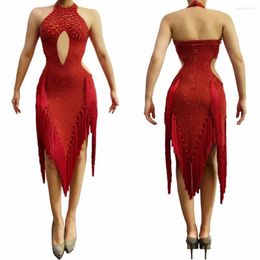 Stage Wear Women Girls Sexy Backless Red Fringed Gauze Perspective Dresses Dacne Costumes Sparkly Diamonds Club DJ