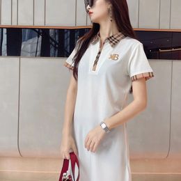 Polo Collar Plus-size Dress Women's New Summer Short Sleeve Mid-length Plaid Color Block T-shirt Polo Collar Skirt S 997