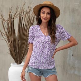 Women's Blouses V-neck Puff Sleeve Floral Vintage Shirt Top Women Casual Slim Pink Purple Elegant Pullover Summer Ladies Blouse Female XXL