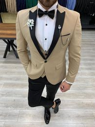 Men's Suits Fashion Black Peaked Lapel Men's Slim Fit Men Suit Set Wedding 3 Piece (Jacket Pants Vest) Gold Tuxedo Traje Hombre