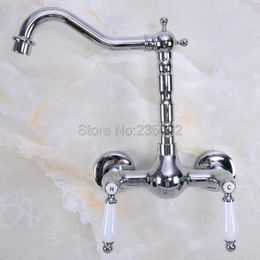Bathroom Sink Faucets Polished Chrome Brass Wall Mounted Kitchen Basin Faucet Dual Handle Swivel Spout &Cold Water Tap Lnf960