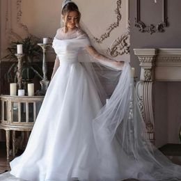 Fabulous Beaded Organza Bridal Dresses A Line Sheer Neck Long Sleeve Wedding Gowns Ruched Off Shoulder Robe de soiree for Bride