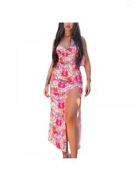 Casual Dresses Women's 2023 Summer Red Floral Printed V-neck Sling Mid-length Split Dress Woman Party Night Sexy
