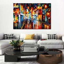 Stunning Landscape Canvas Art City Under Rain Hand Painted Urban Streets Painting Lobby Decor