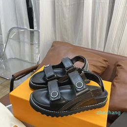 2023-Luxury Genuine Leather Sandals and Slippers Designer Women's Sandals Thick Sole Sling with Buckle Ankle Strap Mule Flat Shoes