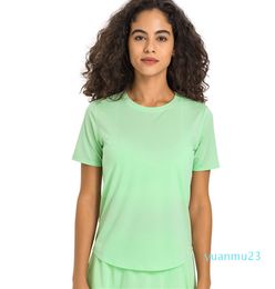 lu Yoga Summer Top Women's Round Collar Short Sleeve Elastic Blouse Sports Fitness Solid Color T-shirt